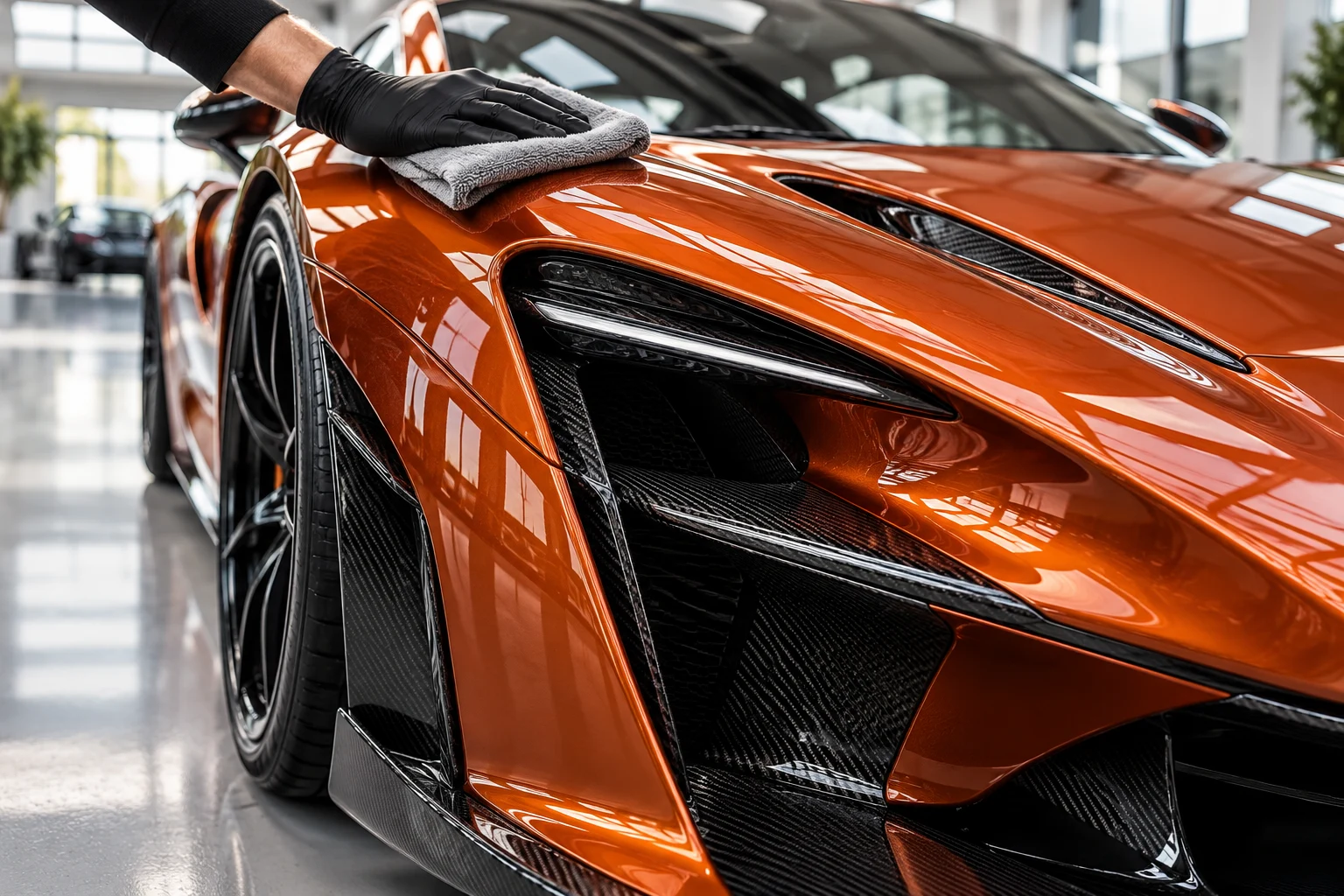 Illustrative close-up of careful detailing on a hypercar’s orange paint and carbon-fibre bodywork