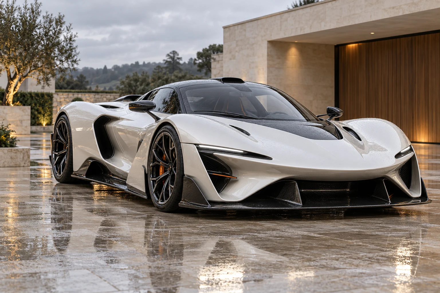 Illustrative pearl-white hypercar at a modern private property