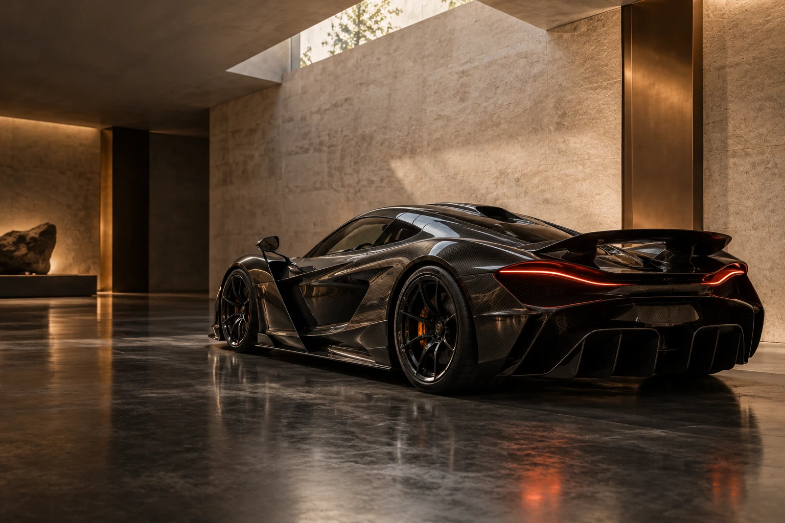 Illustrative black hypercar in a private gallery