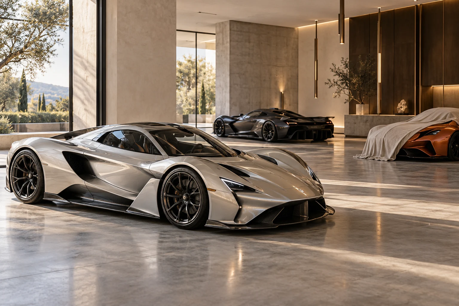 Illustrative collector-car storage facility with hypercars